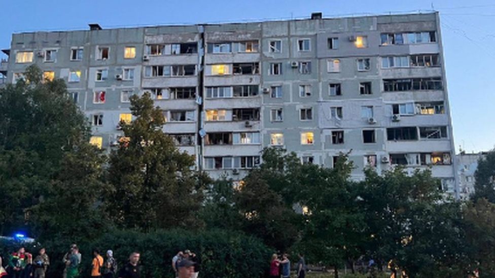A building damaged by the missile attack in Zaporizhzhia