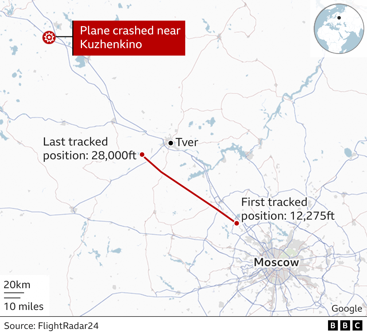 Map showing where Yevgeniy Prigozhin's plane crashed