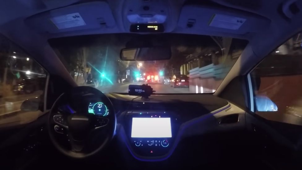 A view from the passenger seat of a Cruise robotaxi