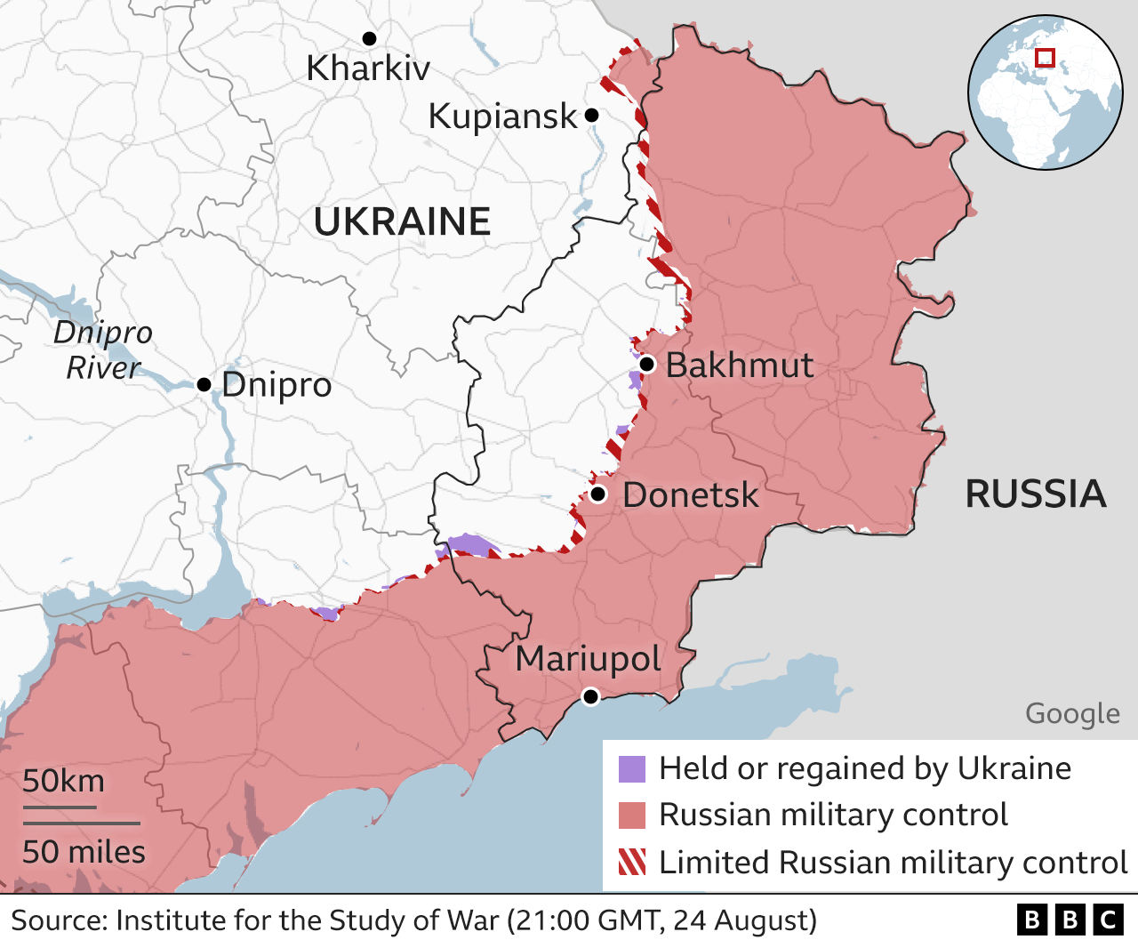 Map of Ukraine, show areas held or regained by Ukraine, under Russian military control and areas with limited Russian military control