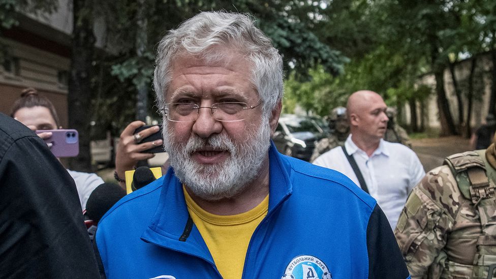 Ihor Kolomoisky arrived at court in a blue FC Dnipro tracksuit jacket on Saturday