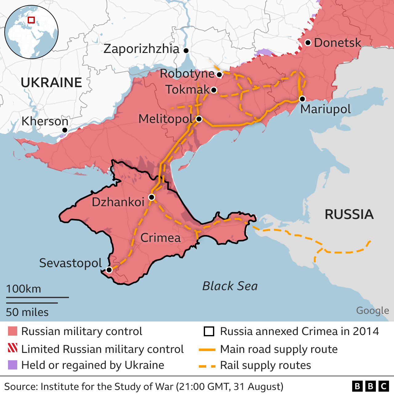 Map showing Russian military control in Ukraine