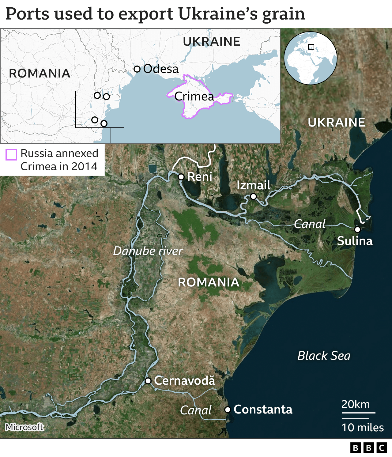 Map showing ports used to export Ukraine's grain