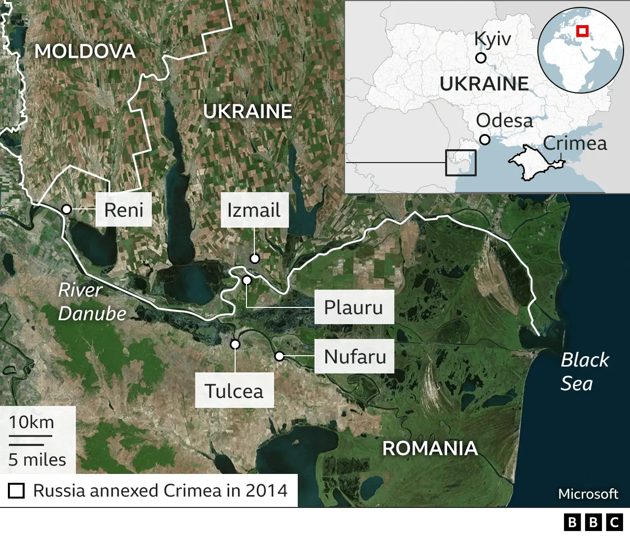 Карта, показывающая дунайские порты Украины и румынские районы, где были обнаружены предположительно части российских дронов. найдено