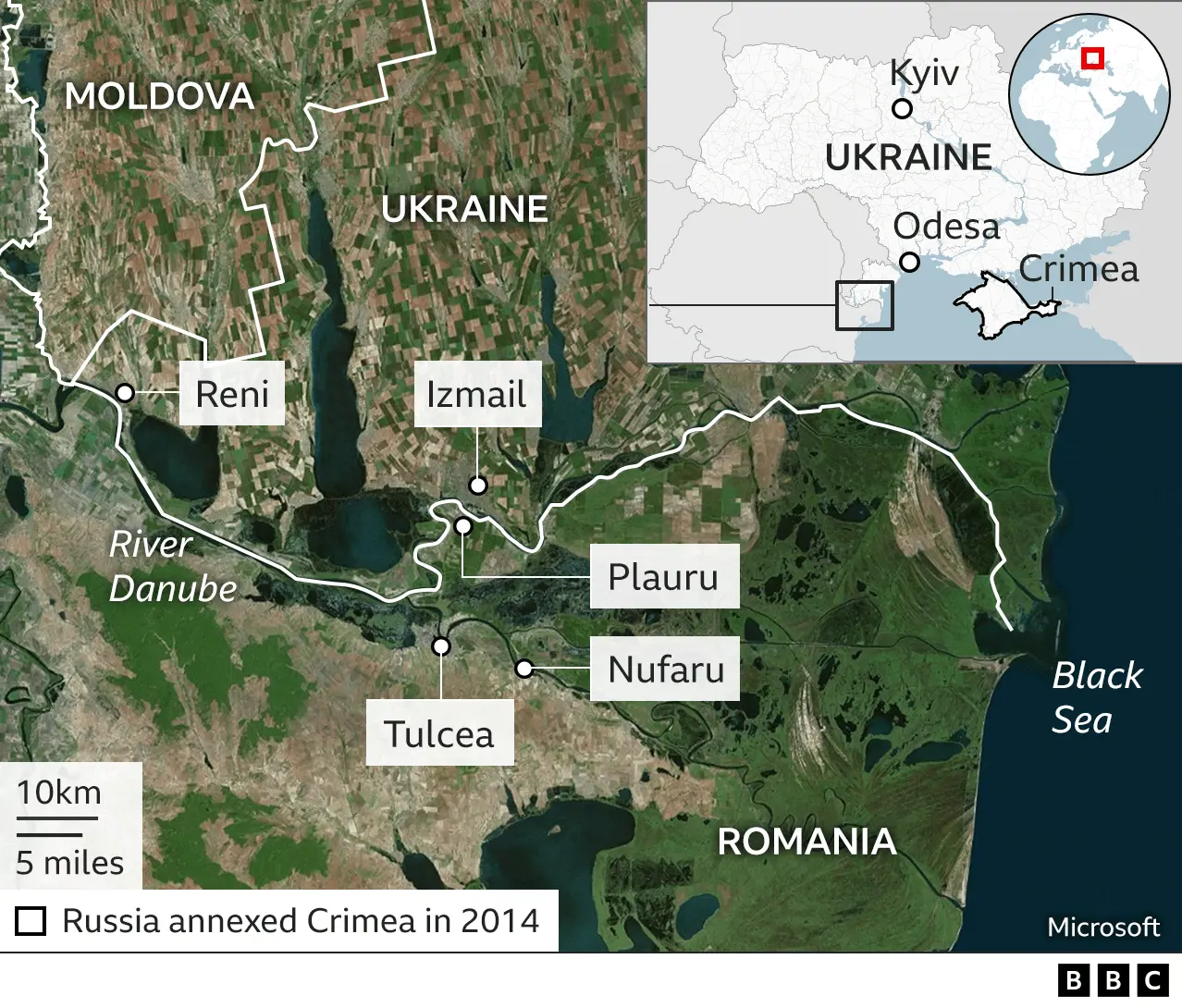 Война в Украине: румынам приказано укрываться от российских дронов 2 Карта, показывающая дунайские порты Украины и румынские районы, где были обнаружены предположительно части российских дронов. найдено