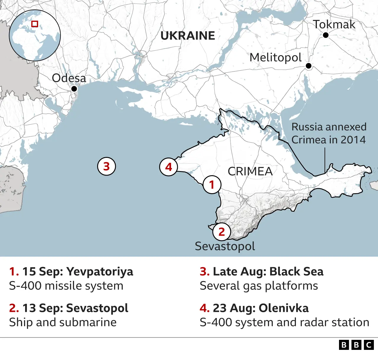 Графическая карта, показывающая украинские удары по Крыму