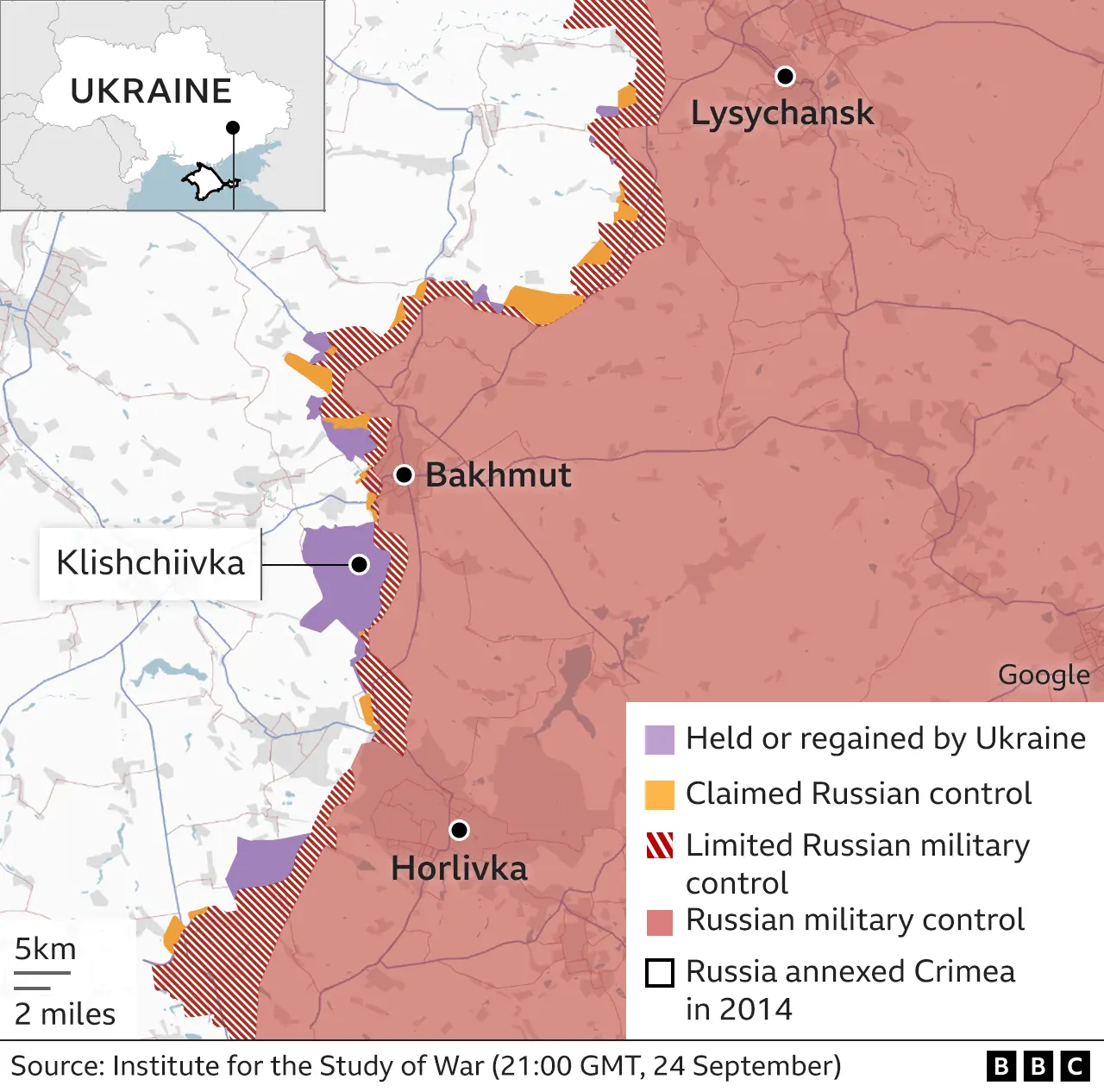 Карта местности вокруг Бахмута и Горловки на востоке Украины с указанием последних зон контроля со стороны российских и украинских сил