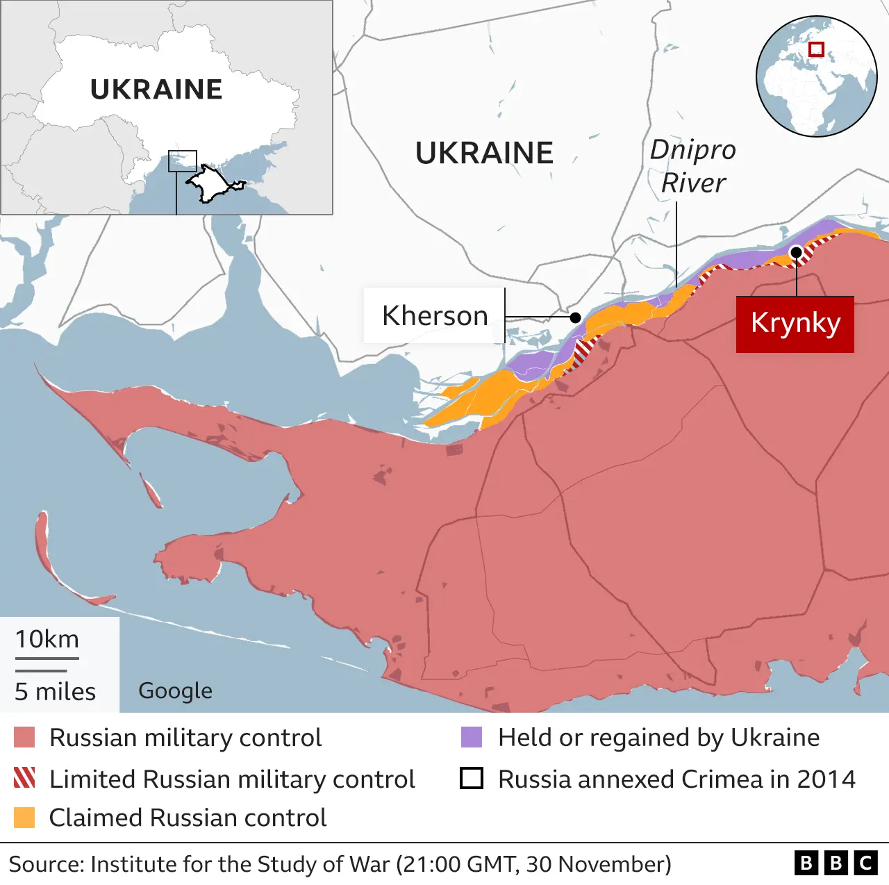 Карта с указанием линий фронта на реке Днепр в Украине