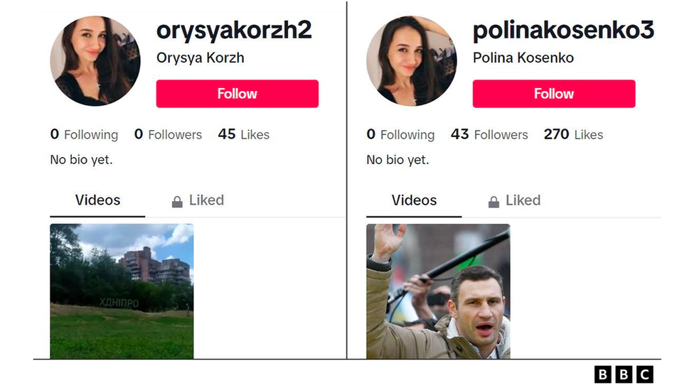 Война в Украине: как фейки TikTok донесли российскую ложь до миллионов 4 В некоторых фейковых аккаунтах TikTok, выявленных BBC, использовалась одна и та же украденная фотография профиля под разными именами