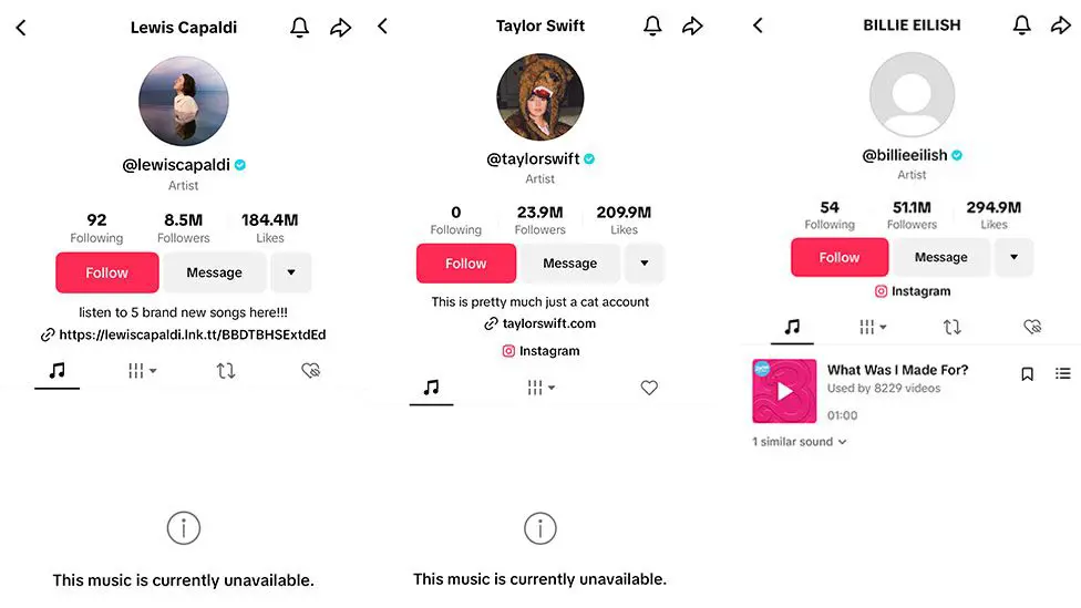 TikTok предлагает музыку Тейлор Свифт и The Weeknd 2 У таких исполнителей, как Льюис Капальди и Тейлор Свифт, нет доступной музыки, а у Билли Айлиш доступен только один трек, который не является песней Universal