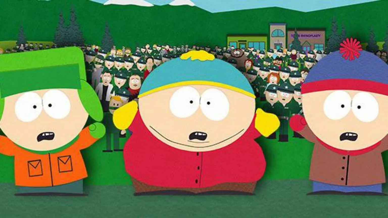 «Южный парк» будет транслироваться на Paramount+ после торгов 1 Персонажи мультфильма «Южный Парк» Кайл, Эрик и Стэн (стоят слева направо) стоят перед толпой. На лицах троицы застыло шокированное выражение, а задние лапы подняты.