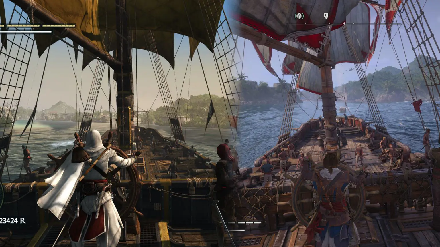 Стоит ли ждать 13 лет выхода ремейка Assassin's Creed Black Flag? 4 Управление кораблем выглядит несколько иначе в 2013 году (слева) и в 2026 году (справа).